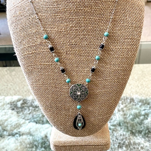 Vintage Avon Ornate Silver Tone Turquoise Black Beaded Brown Pendant Necklace - Picture 1 of 4
